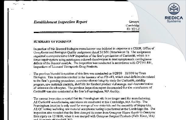 EIR - Vericel Corporation [Cambridge / United States of America] - Download PDF - Redica Systems
