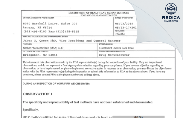 FDA 483 - Nesher Pharmaceuticals (USA) LLC [Bridgeton / United States of America] - Download PDF - Redica Systems