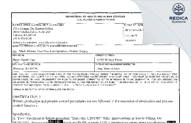 FDA 483 - TriRx Shawnee LLC [Shawnee / United States of America] - Download PDF - Redica Systems
