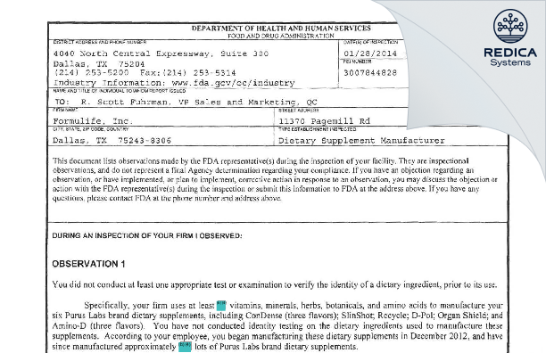 FDA 483 - Formulife, LLC [Allen / United States of America] - Download PDF - Redica Systems