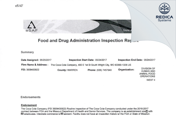 FDA 483 - The Coca-Cola Company [Wright City / United States of America] - Download PDF - Redica Systems