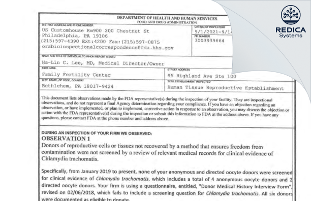 FDA 483 - Family Fertility Center [Bethlehem / United States of America] - Download PDF - Redica Systems