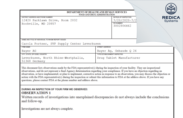 FDA 483 - Bayer AG [Leverkusen / Germany] - Download PDF - Redica Systems