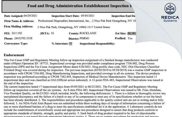 EIR - Professional Disposables International, Inc. [New York / United States of America] - Download PDF - Redica Systems
