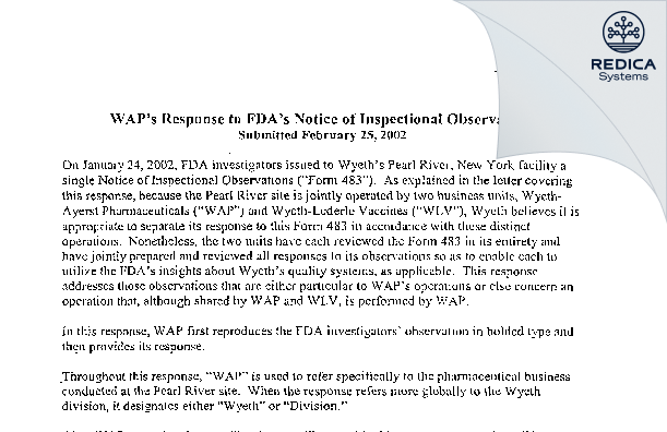 FDA 483 Response - Wyeth Pharmaceutical Division of Wyeth Holdings LLC [New York / United States of America] - Download PDF - Redica Systems