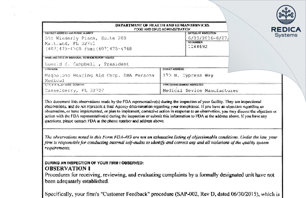 FDA 483 - Magnatone Hearing Aid Corp. DBA Persona Medical [Casselberry / United States of America] - Download PDF - Redica Systems