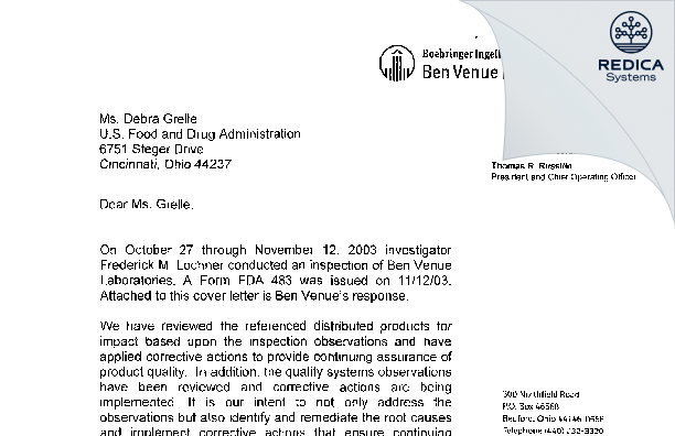 FDA 483 Response - Ben Venue Laboratories Inc. [Bedford / United States of America] - Download PDF - Redica Systems