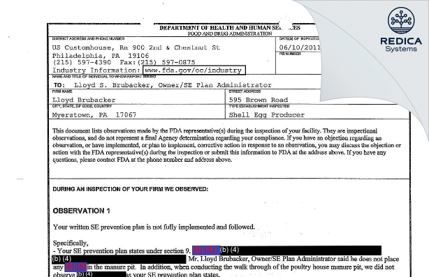 FDA 483 - Lloyd Brubacker [Myerstown / United States of America] - Download PDF - Redica Systems