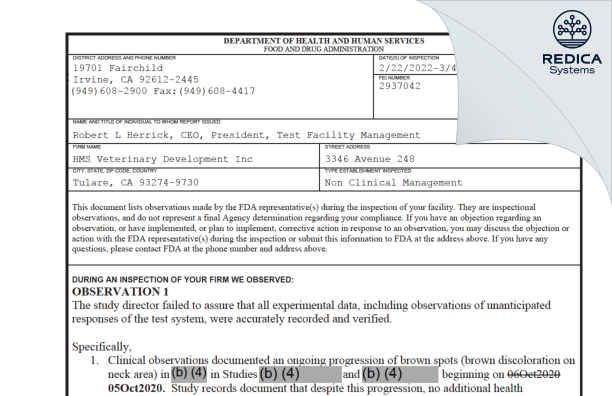 FDA 483 - HMS Veterinary Development Inc [Tulare / United States of America] - Download PDF - Redica Systems