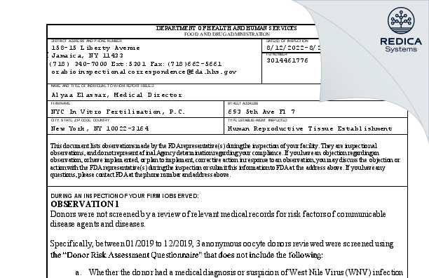 FDA 483 - NYC In Vitro Fertilization, P.C. [New York / United States of America] - Download PDF - Redica Systems