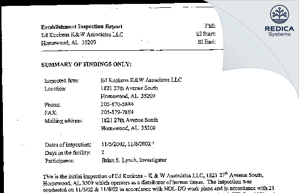 EIR - Ed Kockens K&W Associates LLC [Homewood / United States of America] - Download PDF - Redica Systems
