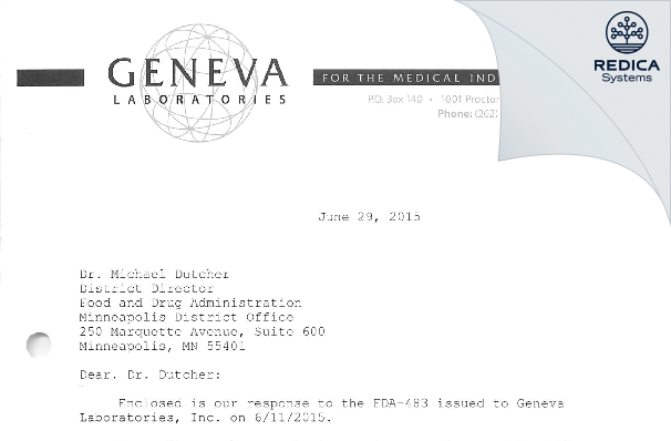 FDA 483 Response - Geneva Laboratories, Inc. [Elkhorn / United States of America] - Download PDF - Redica Systems