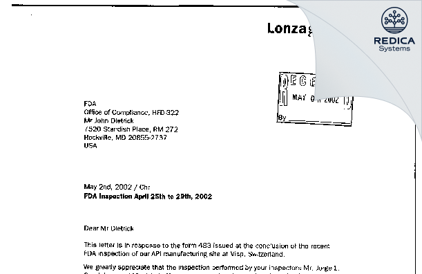 FDA 483 Response - Lonza AG [Visp / Switzerland] - Download PDF - Redica Systems