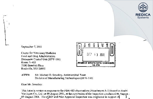 FDA 483 Response - Asahi Kasei Medical MT Corp. Oita Works [Sato / Japan] - Download PDF - Redica Systems