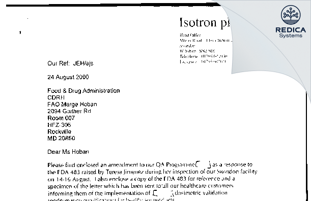 FDA 483 Response - Isotron plc [6du / United Kingdom of Great Britain and Northern Ireland] - Download PDF - Redica Systems