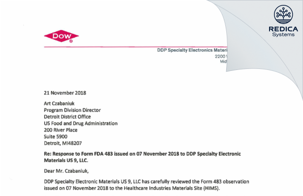 FDA 483 Response - DDP Specialty Electronic Materials US 9, LLC [Hemlock Michigan / United States of America] - Download PDF - Redica Systems