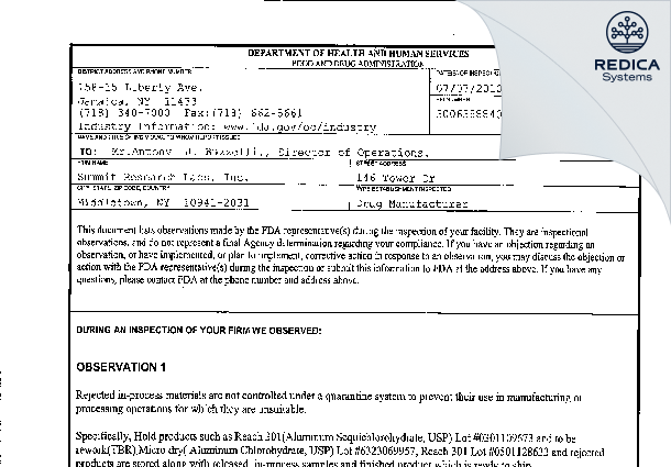 FDA 483 - Elementis SRL, Inc. [York / United States of America] - Download PDF - Redica Systems