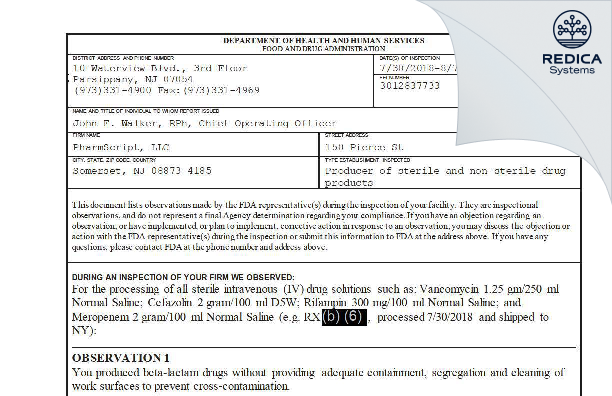 FDA 483 - PharmScript, LLC [Somerset / United States of America] - Download PDF - Redica Systems