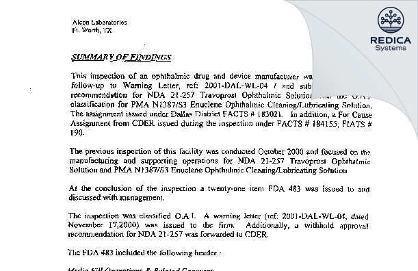 EIR - Alcon Research LLC [Fort Worth / United States of America] - Download PDF - Redica Systems