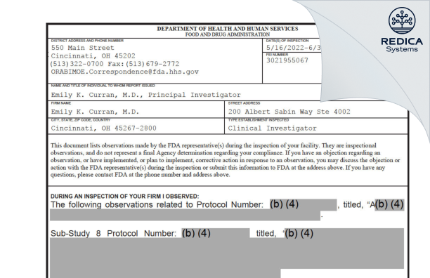 FDA 483 - Emily K. Curran, M.D. [Cincinnati / United States of America] - Download PDF - Redica Systems