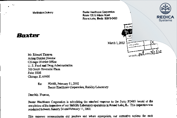 FDA 483 Response - Baxter Healthcare Corporation [Round Lake / United States of America] - Download PDF - Redica Systems