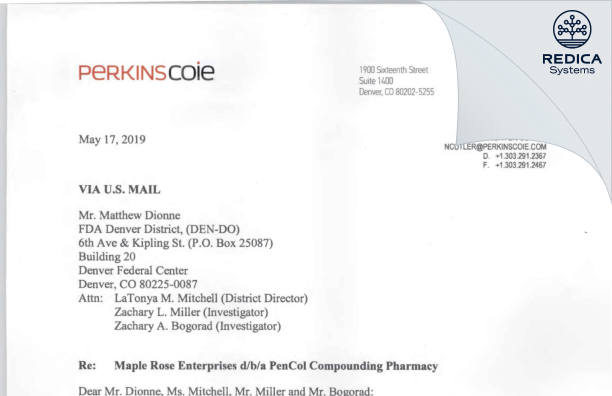 FDA 483 Response - Maple Rose Enterprises, Inc, dba Pencol Pharmacy [Denver / United States of America] - Download PDF - Redica Systems