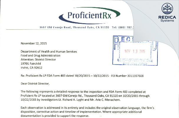 FDA 483 Response - Proficient Rx LP [Thousand Oaks / United States of America] - Download PDF - Redica Systems