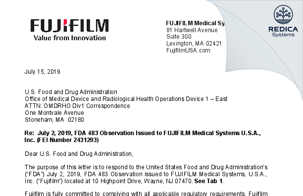 FDA 483 Response - Fujifilm Medical Systems U.S.A., Inc. [Wayne / United States of America] - Download PDF - Redica Systems