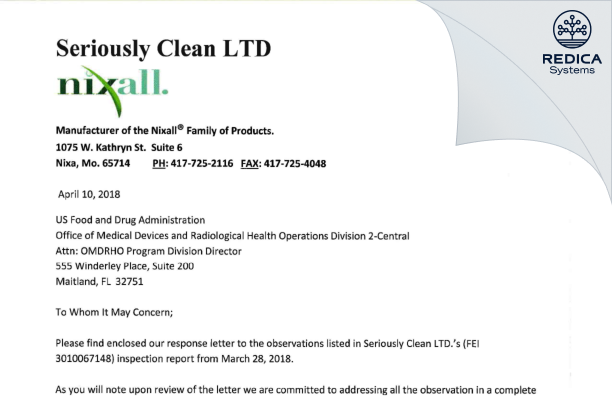 FDA 483 Response - Seriously Clean, Ltd. [Nixa / United States of America] - Download PDF - Redica Systems