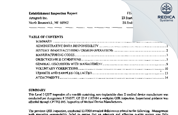 EIR - Artegraft, Inc. [North Brunswick / United States of America] - Download PDF - Redica Systems
