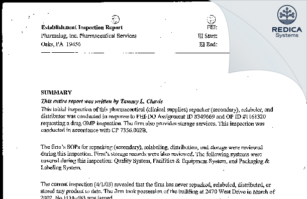 EIR - Pharmalog Inc. Pharmaceutical Services [Oaks / United States of America] - Download PDF - Redica Systems