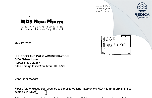 FDA 483 Response - Neopharm Labs Inc. [Blainville / Canada] - Download PDF - Redica Systems