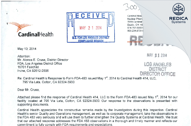 FDA 483 Response - Cardinal Health 414, LLC [California / United States of America] - Download PDF - Redica Systems