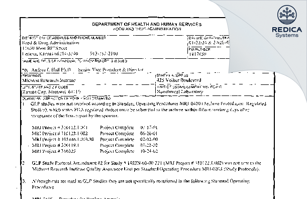 FDA 483 - MRIGlobal [Kansas City / United States of America] - Download PDF - Redica Systems