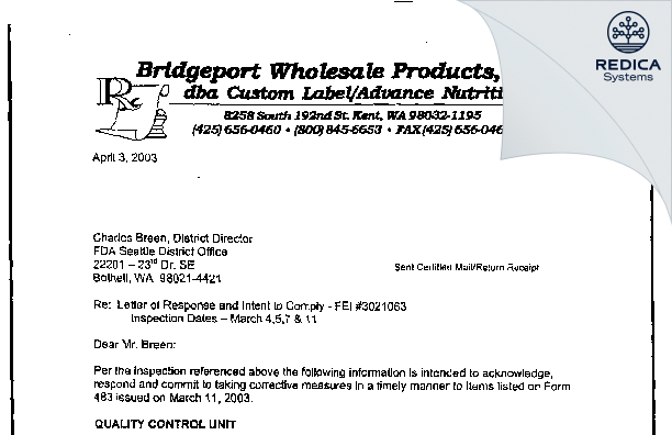 FDA 483 Response - Bridgeport Wholesale Products, Inc [Lakewood / United States of America] - Download PDF - Redica Systems