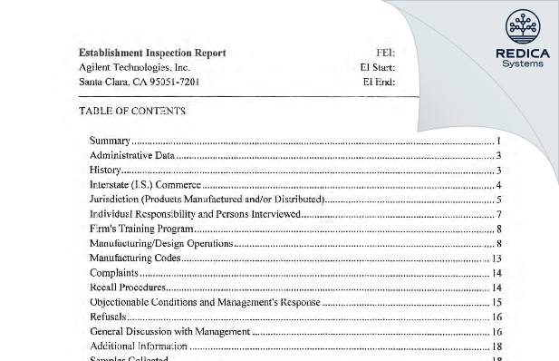 EIR - Agilent Technologies, Inc. [Santa Clara / United States of America] - Download PDF - Redica Systems