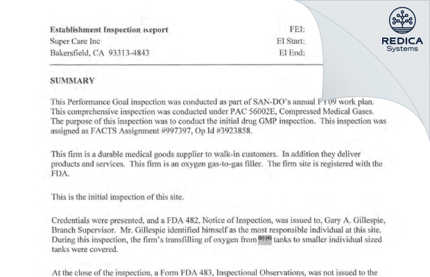 EIR - Super Care Inc [Bakersfield / United States of America] - Download PDF - Redica Systems