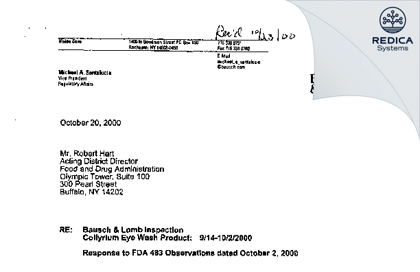 FDA 483 Response - Bausch & Lomb Incorporated [Rochester / United States of America] - Download PDF - Redica Systems