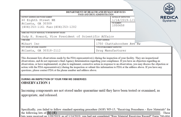 FDA 483 - Mikart, LLC [Atlanta / United States of America] - Download PDF - Redica Systems
