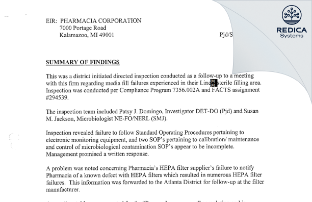 EIR - Pharmacia & Upjohn Company LLC [Kalamazoo / United States of America] - Download PDF - Redica Systems