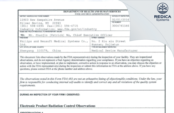 FDA 483 - Philips and Neusoft Medical Systems Co., Ltd. [Sujiatun Shenyang / China] - Download PDF - Redica Systems