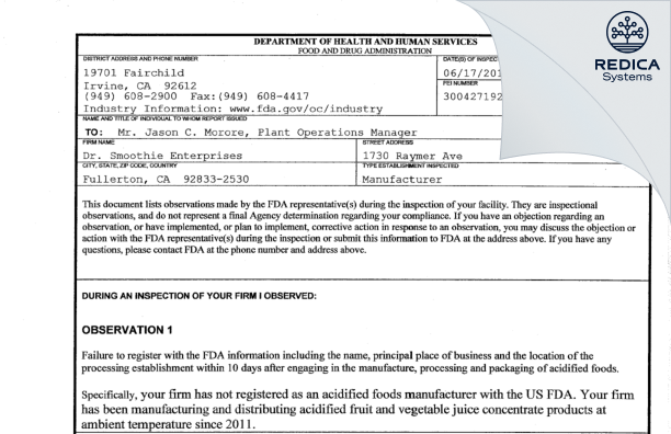 FDA 483 - LX/JT Intermediate Holdings INb dba Bevolution Group [Fullerton / United States of America] - Download PDF - Redica Systems