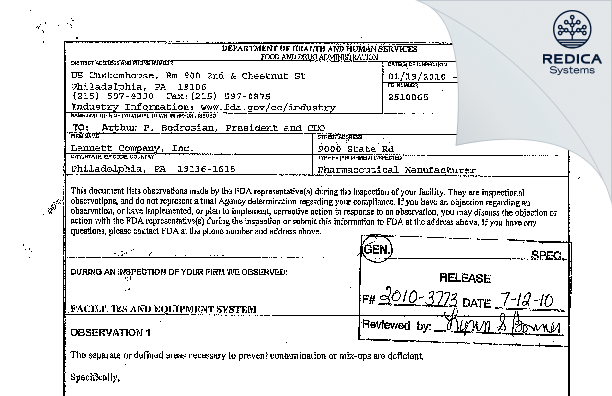 FDA 483 - Lannett Company, Inc. [Philadelphia / United States of America] - Download PDF - Redica Systems