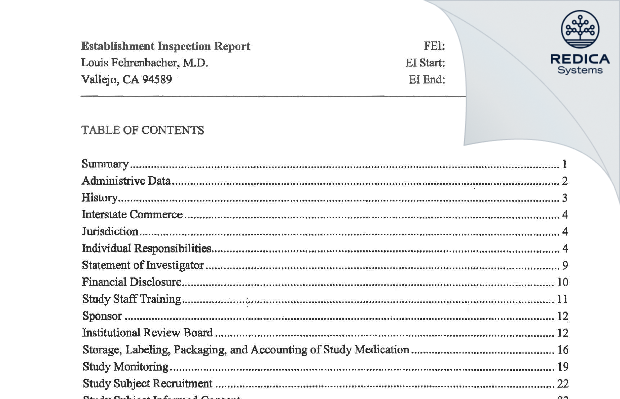 EIR - Louis Fehrenbacher, M.D. [Vallejo / United States of America] - Download PDF - Redica Systems