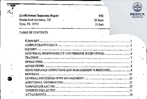 EIR - Dennis Scott Devinney, DO [Tyler / United States of America] - Download PDF - Redica Systems