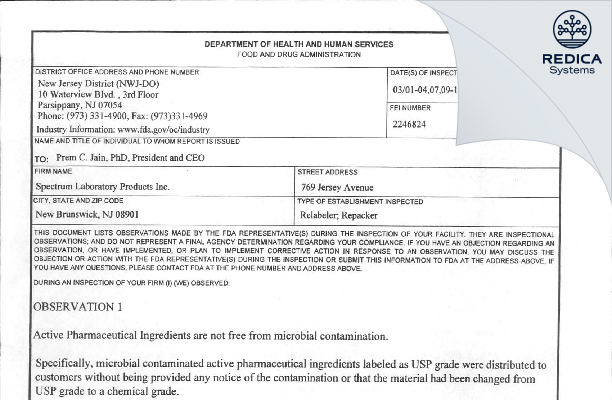 FDA 483 - SPECTRUM LABORATORY PRODUCTS INC. dba SPECTRUM CHEMICAL MFG. CORP. [Jersey / United States of America] - Download PDF - Redica Systems