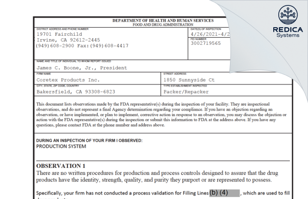 FDA 483 - CoreTex Products Inc [Erwin / United States of America] - Download PDF - Redica Systems