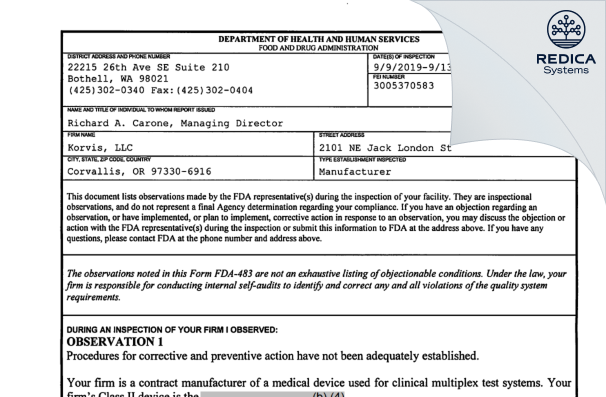 FDA 483 - Korvis, LLC [Corvallis / United States of America] - Download PDF - Redica Systems