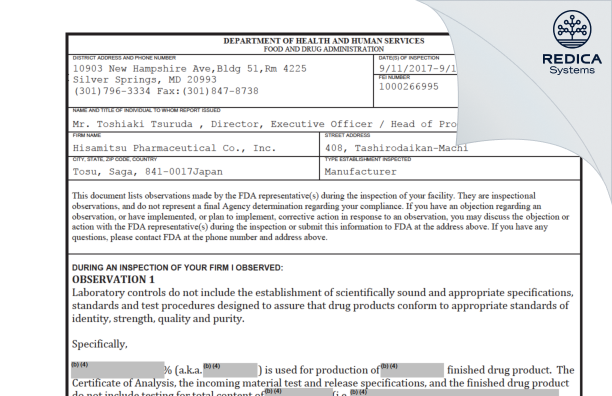 FDA 483 - Hisamitsu Pharmaceutical Co., Inc. [Saga / Japan] - Download PDF - Redica Systems