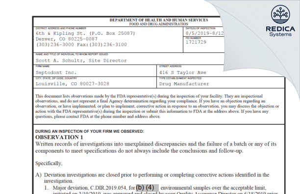 FDA 483 - Septodont, Inc [Louisville / United States of America] - Download PDF - Redica Systems